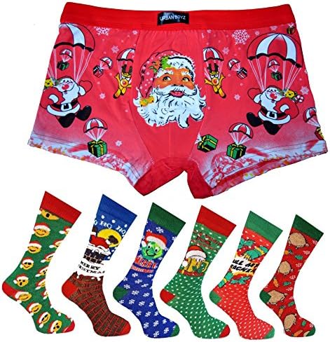 London Dream Mens Christmas Boxer Shorts Festive Xmas Trunks Underwear Santa Printed Novelty Brief Shorts (Red, Large)