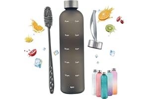 Horkos 1L Water Bottle,Motivational Time Markings,Non-Toxic BPA Free Plastic Water Bottle,Leak-Proof,1 litre Sports Bottle,1000ml Drinks Bottle for Gym,Travel,School,Cycling,Camping（Black+cover+brush）