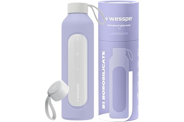 Wessper Bouteille a eau 1 Litre, Bouteille de Motivation avec échelle D'hydratation, Gourde pour eau en Verre Borosilicaté avec étui en Silicone, Matériau Sans BPA - Violet
