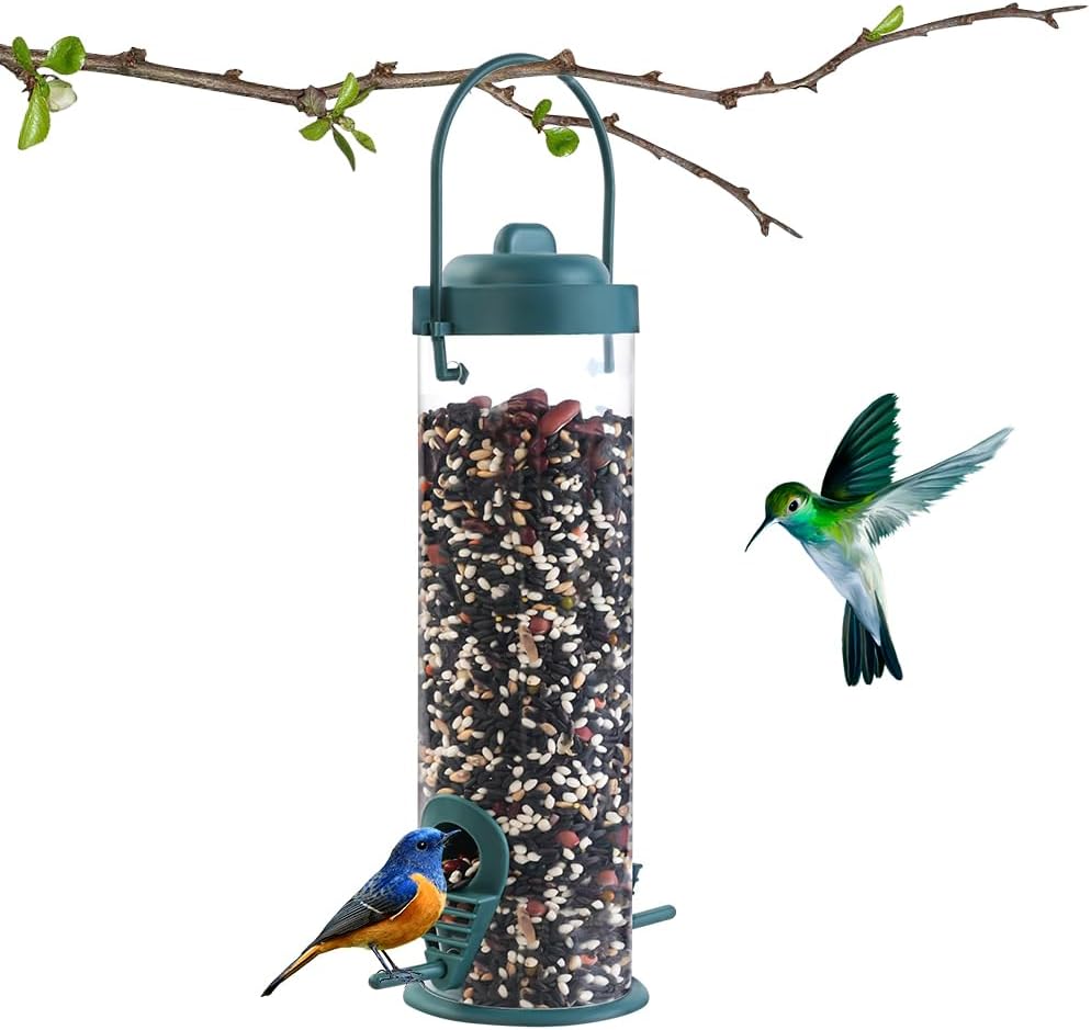 OFFCUP Comedero para Pájaros, 1PCS Colgando Alimentador, Comedero de Semillas de Aves Silvestres con 2 Lugares de Acceso, Comedero para pájaros en Forma de Columna para Mezclas de Semillas (Verde)