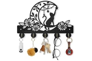 MAYJOYDIY Cat Moon Flower Coat Rack Wall Mounted Wood Animal Moon Star Key Hanger Wall Art Decor 30×20cm 5 Alloy Hooks Black Key Rack Organizer for Gift Entryway Hallway Kitchen Room