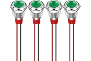GUUZI 12 mm LED Anzeigeleuchte 12-24 V wasserdichte Signalleuchte Metallplatte LED Anzeige Signalleuchte Plattenmontage Flachkopf mit Drähten Silbergehäuse (Grün, 4 Stück)