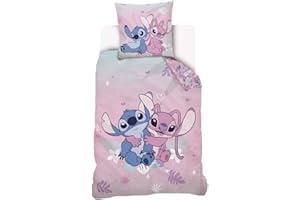 LILO AND STITCH Disney Stitch & Angel - Funda nórdica de 140 x 200 cm y 1 funda de almohada de 63 x 63 cm, 100 % algodón, color rosa