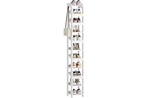 Hzuaneri Vertical Shoe Rack, 11 Tier Narrow Shoe Rack for Small Space, Freestanding Closet Wooden Shoes Organizer with Hooks, Adjustable Shoes Tower for Entryway, Living Room, Bedroom, White SR12403X