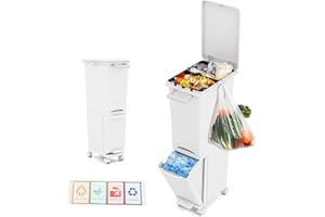 GOPLUS Mülleimer 3 Fächer, 32L Abfalleimer Küche mit Rollen, Mülltrennsystem mit Kippbehälter, Deckel, Schublade & Aufkleber, 3 in 1 Tretmülleimer, Küchenabfalleimer für Küche & Wohnzimmer, Weiß