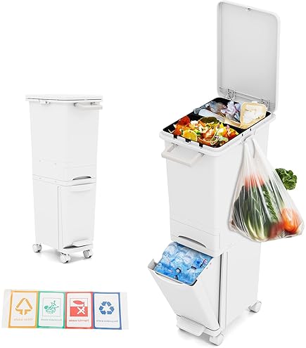 COSTWAY Vuilnisemmer 3 Vakken, 32L Afvalemmer met kantelbare bak, lade & sticker, Tredprullenbak op wielen, 3-in-1 afvalscheidingssysteem met handgreep & haak voor keuken, woonkamer