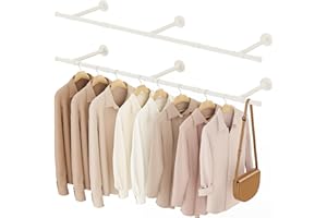 YheenLf Perchero de Pared Tubo Industrial, 150cm Riel de Almacenamiento Colgante de Prendas, Barra para Colgar Ropa de Tuberías Industriales, Ahorro de Espacio, 2 Pieza, Beige