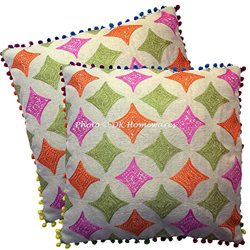 DK HomewaresDK Homewares Cotton Decorative Embroidered Couch Cushion Covers 16 Inch x 16 Inch Floral Multi Color Suzani Living Room Pom Pom Pillow Cases Cushions 40cm x 40cm Set of 2 Square