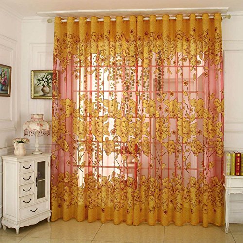 Diossad Rot Vorhang Gardine Fenster Gardine mit Blatt-Muster für Wohnzimmer Schlafzimmer Blume Fenster Voilevorhang Tüll Vorhang - 2