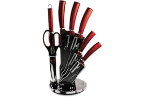 Berlinger Haus Burgundy Juego Cuchillos Cocina Profesional 8 piezas, Acero Inoxidable Recubrimiento Antiadherente, Acrílico, Cocinero Cebollero Pan, Santoku, Chaira, Tijeras, Diseño Metallic (BH-2562)