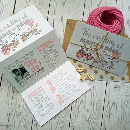 Pink Vintage Birds Tri Fold Wedding Invitation Fold Up Day or Night Wedding Invite (Pack of 10)