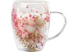 Genikeer Taza De Vidrio Transparente, Taza De Vidrio De Doble Pared con Flores Secas 350ml, Taza De Café Doble Cristal, Vasos Térmicos De De Doble Pared para Cafe Té Capuchino Jugo Espresso Latte