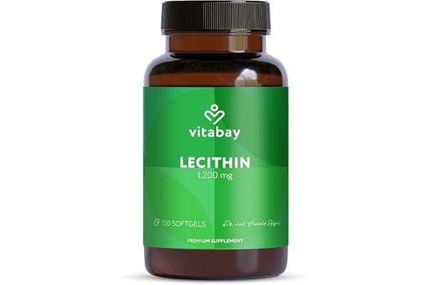 Vitabay Lécithine 1200 mg - 120 softgels végétaliens - phosphatidylcholine de soja avec vitamine E - sans gluten ni lactose - sans OGM - testé en laboratoire en Allemagne - 4 mois
