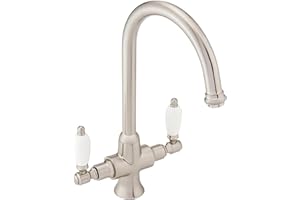 ENKI, Dorchester, KT060, Brushed Nickel Dual Flow Kitchen Sink Mixer Tap for Basin, with Twin White Levers Swivel Spout Perfect for Double Bowl Sinks, Easy and Safe to use Drip Free Ceramic Valve