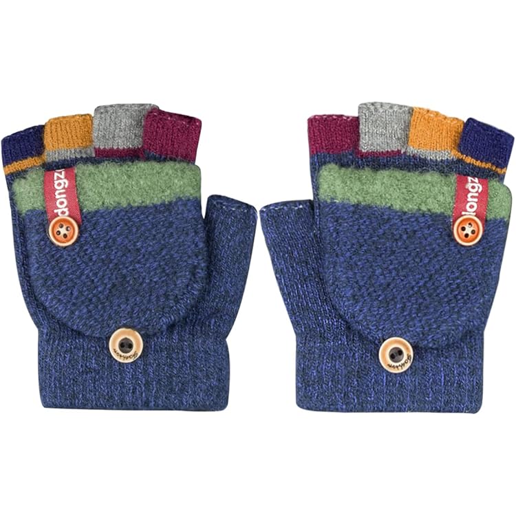 Lot De 2 Paires De Gants Sans Doigts Pour Enfants (8-10 Ans) - Tricot Avec Rabat Bouton - Chauds Pour Automne/Hiver - Couleurs Kaki Et Bleu Marine