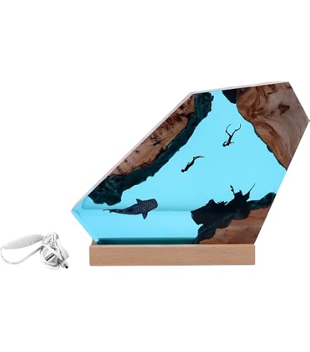 Garosa Taucher-Walhöhle Nachttischlampe Aus Kunstharz & Holz – USB-betriebene LED-Ozeanlampe Mit Knopfsteuerung