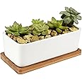 TENLOY Ceramic Plant Pots, Decorative White Rectangular Succulent Flower Pot/Cactus Indoor Plants Pot with Bamboo Tray