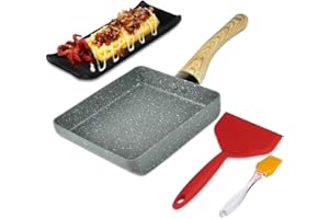 Artcome, padella giapponese per omelette con rivestimento antiaderente Tamagoyaki, rettangolare, con spatola e pennello in silicone, piastra nera e gomma magica in spugna (grigio)