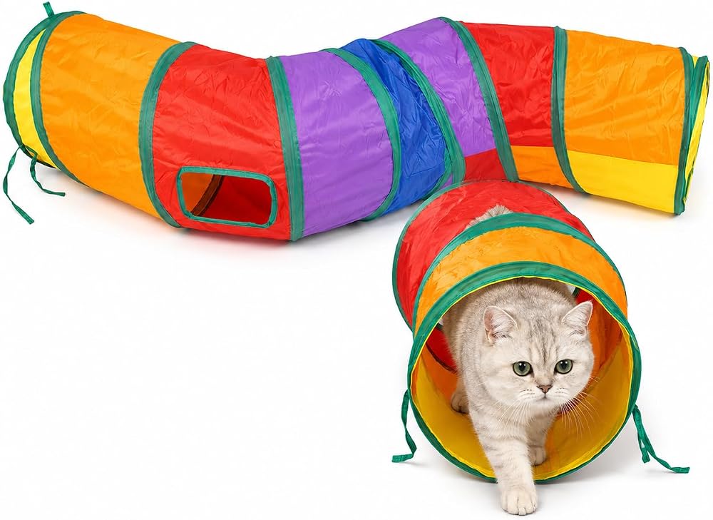 SOGUD Kedi Oyun Tüneli Katlanabilir Kıvrımlı Model, Kedi Oyuncağı Tünel Ev, Renkli Kedi Köpek Oyun Alanı, Geniş Girişli Dayanıklı Kumaş, Taşınabilir Evcil Hayvan Tüneli 130x30x30 cm
