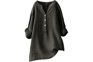 WILLBEST Womens Cotton and Linen V-Neck Long Sleeve Button Casual Loose Tunic Tops Plus Size Retro Graphic Tee Summer Party Evening Wedding Blouse Tops