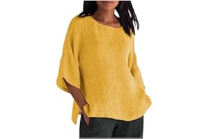 ZEZKT Camiseta de Manga Corta Mujer, Moda Verano Color sólido Lino de algodón Blusa Camisa Cuello Redondo Camiseta Suelto Tops Fiesta tee Elegante cómodo Jersey Talla Grande 2023 Casual T-Shirt