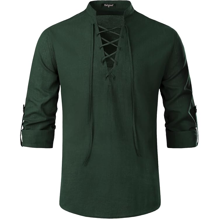 Chemise Médiévale Pour Homme En Coton - Style Pirate Vintage Avec Lacets, Col Mao Et Manches Longues