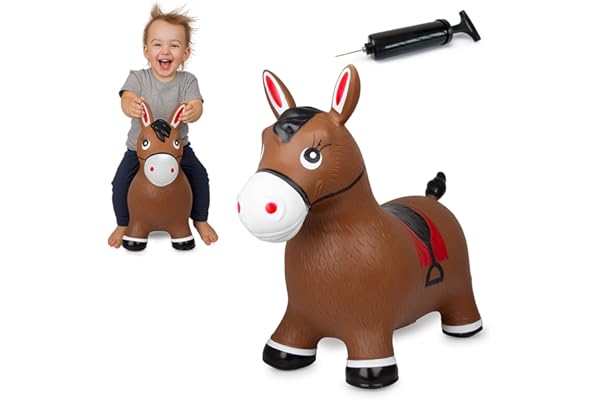 Jamara 460597 – Animal Sauteur Ceval Brun avec Pompe – Poids Jusqu’à 50 kg, Oreilles Servent de Support, Résistant, Entretien Facile, Favorise Le Sens de l’Equilibre