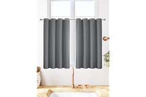 VEHEDE Blackout Short Curtains 33 Inch Drop for Kitchen, Eyelet Thermal Insulated Curtain for Cafe, Soft Grey Bedroom Curtains, Living Room Curtain & Drapes, W46 x L33 Inch, Grey, 2 Panels