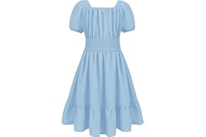 Arshiner Abito da ragazza, elegante, a maniche corte, per bambini, tinta unita, linea A, per il tempo libero, con volant, abito da principessa, Tie Back 122-158