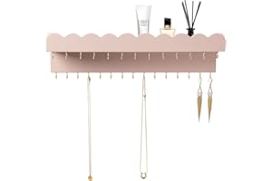 Lampaggio Wall Mount Jewelry Organizer mit 28 Haken und Kosmetikregal, Modern Wood Hanging Jewelry Holder für Halsketten, Armbänder, Ohrringe und Ringe, Rosa
