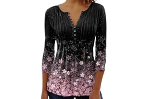 ABYOVRT Elegancka bluzka damska, dekolt w serek, rękaw 3/4, tunika, top, luźna bluzka w kwiaty, Henley, długa koszulka w luźnym stylu, koszulka z długim rękawem, S-XXL