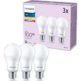 Philips - A60 LED Bulb 13W (Eq. 100W) 1521 Lumens, E27 Socket, Warm White Light (2700k) - Pack of 3 Bulbs