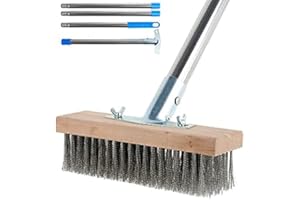 MTFUN Wire Broom Stainless Steel Deck Scrub Brush With 60 Inch Long Handle - 45° Tilt Stiff Metal Bristle for Removing Weed, Moss, Algae - Outdoor Floor Scrubber for Patio, Deck, Garden, Pool (20cm)