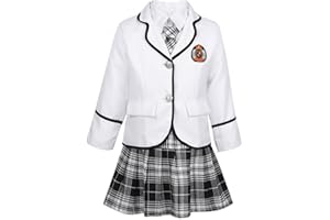 Jowowha Enfant Fille Uniforme Scolaire Japonais Cosplay Anime Anglais Ensemble Chemise à Manches Longues et Jupe Courte Carreaux et Cravate et Gilet Clubwear 4-14 Ans