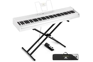 MUSTAR Piano digital de 88 teclas, teclado con teclas semipesadas y Bluetooth, juego de piano portátil con pedal de sostenido, soporte para teclado y bolsa de transporte, color blanco