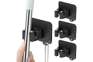 Coolzon Portascopa e Portaspazzole in Acciaio inossidabile, da Muro Appendibile,304 Porta Scope Parete,Senza Perforazione,Mop per Bagno, Soggiorno, Balcone,Scopa e Attrezzi da Giardino (4 Pezzi) Nero
