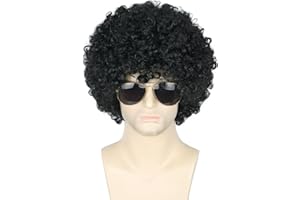 Topcosplay Herren Afro Perücke mit Schnurrbart 70er Jahre Funky Hippie Perücke, Kurz Lockig Perücke Schwarz für Fasching Karneval Halloween