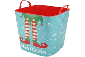 SP Berner - Cesta Leña con Decoracion Navidad | Capazo Plastico Multiusos con Adornos Navideños - Diseño Elfo - 25 L