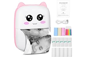 iBazal Mini Drucker, Taschendrucker - Tragbarer Fotodrucker, Wireless Thermodrucker für Smartphone Bluetooth mit 13 Rollen Papier, Aufkleberdrucker für Journal, Studium, Notizen, Bilder, Fotos Pink