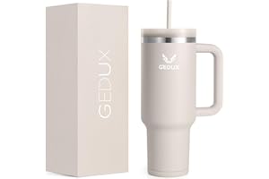 Gedux Trinkflasche mit Strohhalm 1.2L - Thermobecher mit Henkel auslaufsicher - Doppelwandige Vakuumisolierung - Thermobecher mit StrohhalmSpritzwassergeschützter Deckel