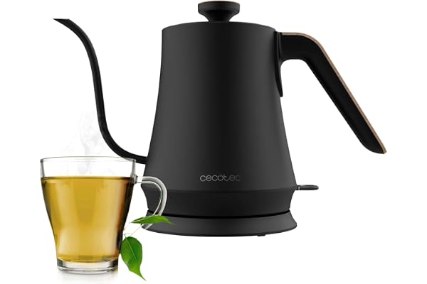 Cecotec Bouilloire Electrique Thermosense 500 Cisne. Bouilloire au design exclusif avec col de cygne, 1L, acier inoxydable, 1200W, base rotative 360º et indicateur lumineux.