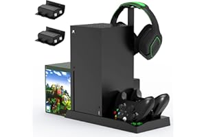 FASTSNAIL Vertical Cooling Stand with Cooling Fan for Xbox Series X Console & Controller,Accessories with 2x1400mAh Rechargeable Batteries and Dual Controller Charger Dock Station&Headset Holder&10 Game Slots