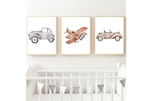 CULASIGN 3er Set Poster Kinderzimmer, A4 Bilder Babyzimmer Kinderposter OHNE Bilderrahmen, Wandbilder Deko Mädchen Junge, Kinderbilder Autos Flugzeuge Heißluftballons (ABC,21x30cm)