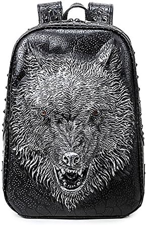 YimidearMen's 3D Studded PU Backpack Casual Laptop Bag School Bag Travel Rucksack Hiking Daypack (Wolf-silver)