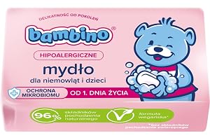 Bambino Mydło Hipoalergiczne w Kostce dla Niemowląt i Dzieci 90 g – Ochrona Mikrobiomu, Od 1. Dnia Życia, 96% Składników Naturalnych, Z Olejkiem z Bawełny, Formuła Wegańska