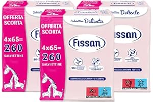 FISSAN Salviettine Delicate - Per Neonati e Bambini - Dermatologicamente Testate - 96% Ingredienti di Origine Naturale - con Proprietà lenitive dello Zinco - Senza Alcol - 3x4 Confezioni - 780 Pezzi