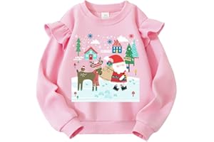 QHKEPW Christmas Girls Jumper Xmas Ruffle Santa Claus Reindeer Snowman Penguin Snowflake Kids Sweatshirt Toddler Top Long Sleeve Round Neck Cotton Casual Clothes T Shirt 2-8 Years Old