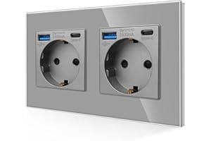 JIMEIDA Enchufe doble con USB 20 W, carga rápida en gris, 16 A, cristal Schuko con conector USB y puerto tipo C, enchufe de pared empotrado, 157 x 86 mm, 250 V, 2 enchufes