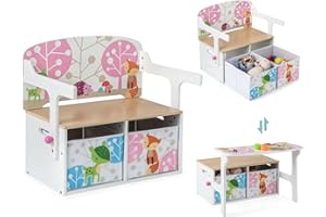 COSTWAY Mesa Infantil 3 en 1 con Banco, Banco de Actividades Convertible para Niños, Juego de Mesa y Silla para Niños con 2 Contenedores de Tela Extraíbles para Jugar a Dibujar