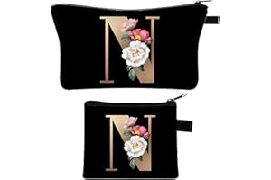 YZDMDM 2 Stück Personalisierte Make Up Tasche, Geschenke für Freundin Mütter, A-Z Personalisierte Damen Kosmetiktasche, Geburtstagsgeschenke für Frauen, Beste Freundin, Initiale Schminktäschchen (N)